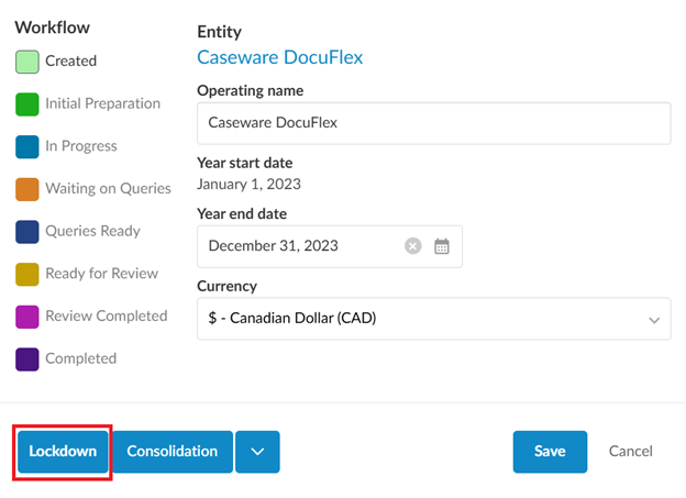le bouton(Info verrouillage) s'affiche dans la fenêtre contextuelle Propriétés de l'engagement.