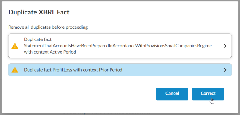 La boîte de dialogue Dupliquer un fait XBRL.
