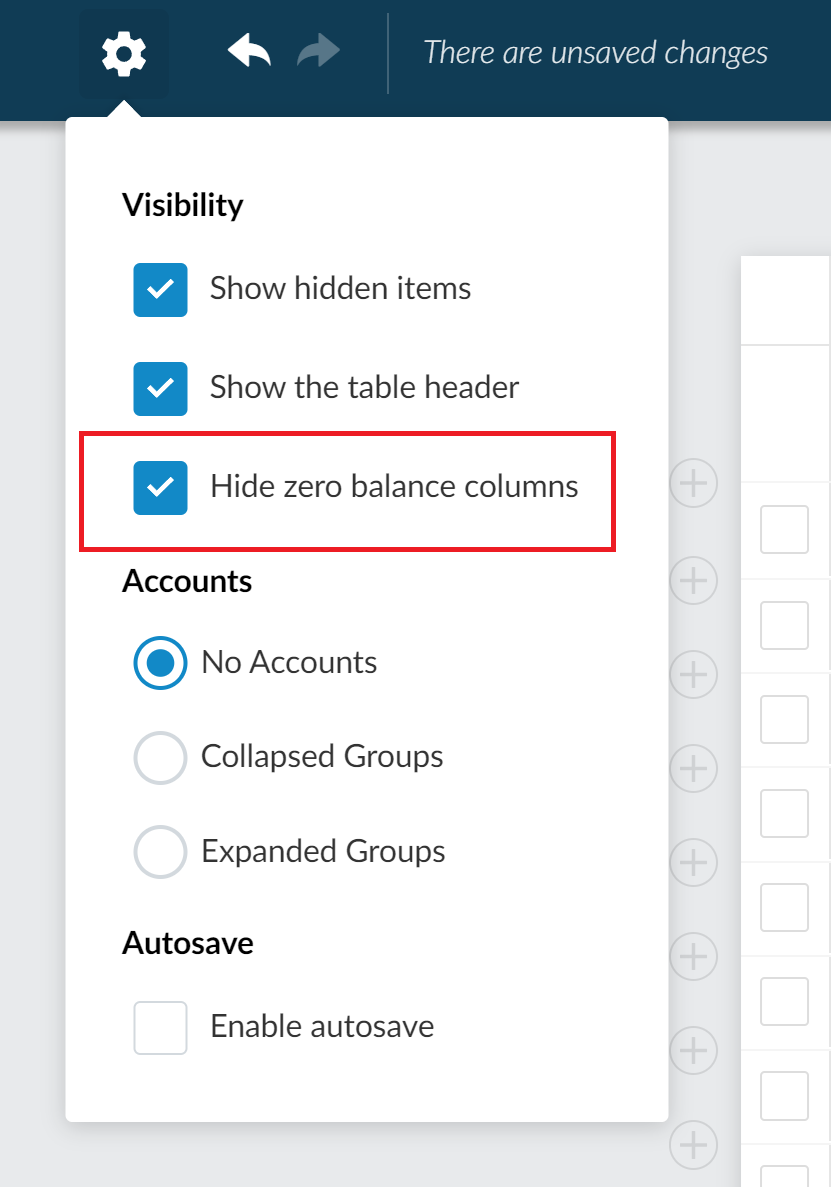 L'option Masquer les colonnes de solde nul est sélectionnée dans le menu déroulant Paramètres.