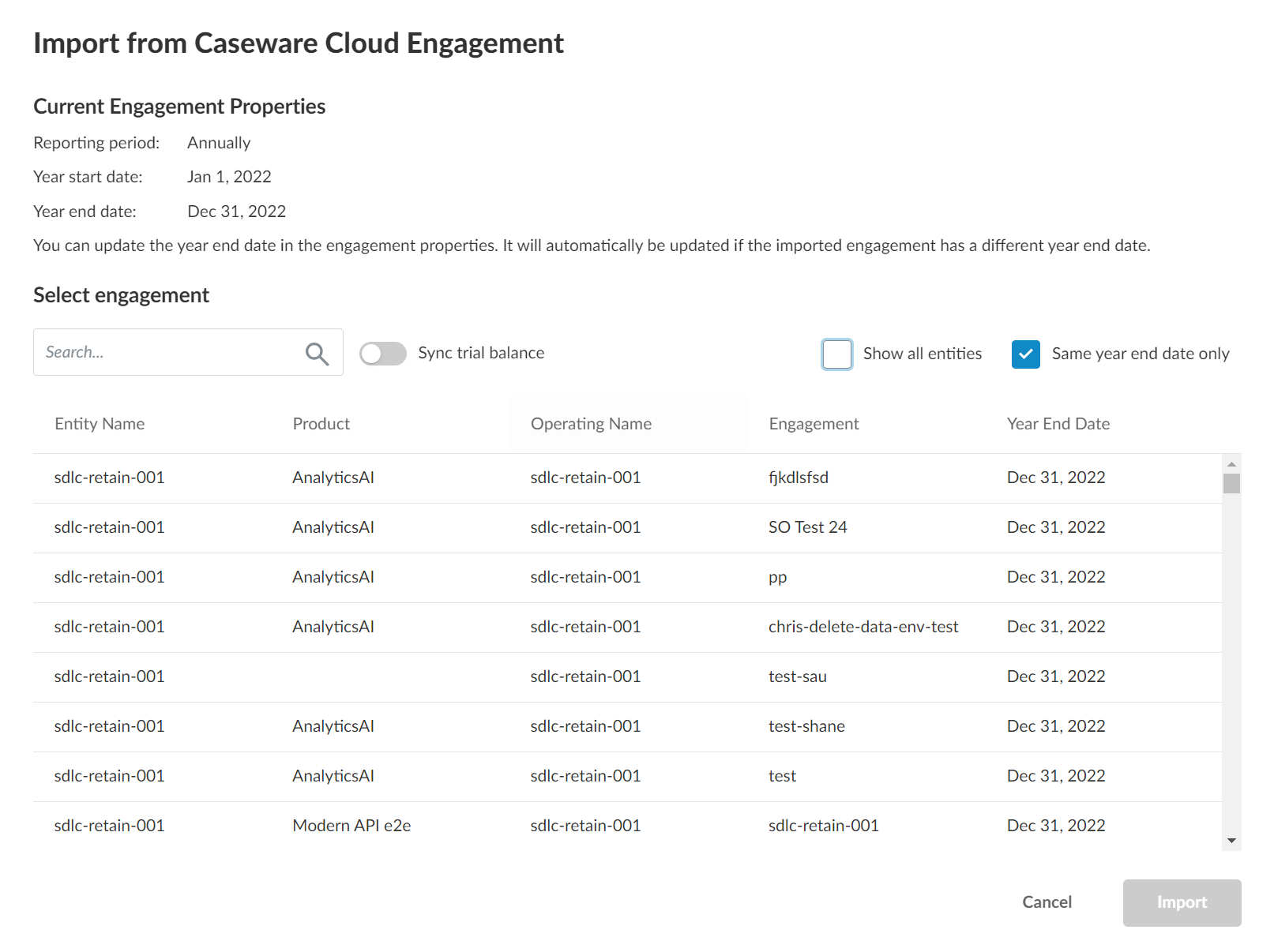 La page Importation de Caseware Cloud Engagement dans le nouveau workflow d'importation.