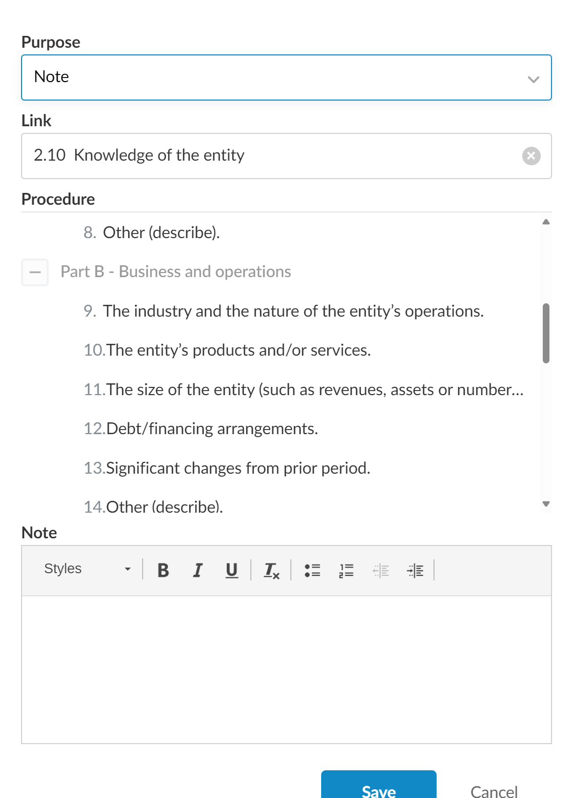 Édition d'une annotation, avec la liste déroulante Lien comme option.