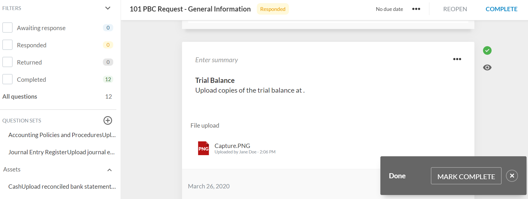 Le bouton MARQUER COMPLET s'affiche dans la notification ci-dessous et dans le document.