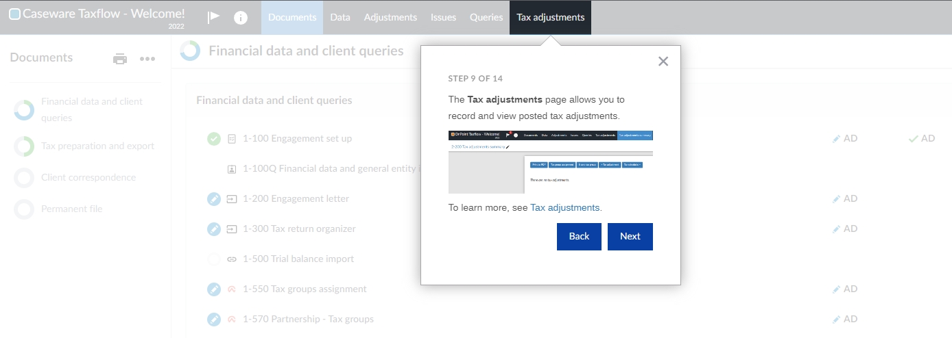 Le guide de bienvenue Caseware Taxflow.