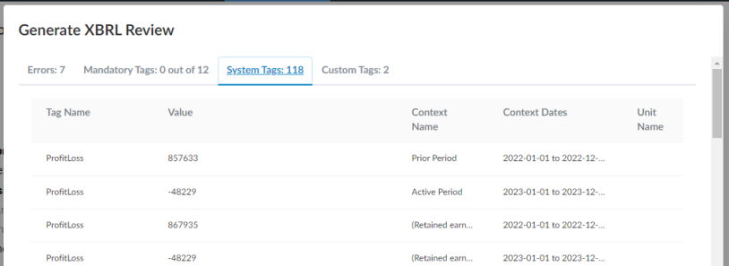L'onglet System Tags de la boîte de dialogue Generate XBRL Review.