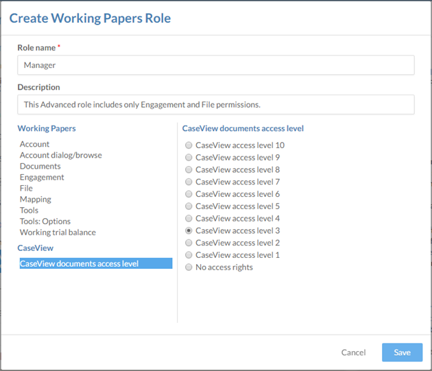 Selecteer het toegangsniveau voor CaseView-documenten om toe te voegen aan de nieuwe beveiligingsrol.