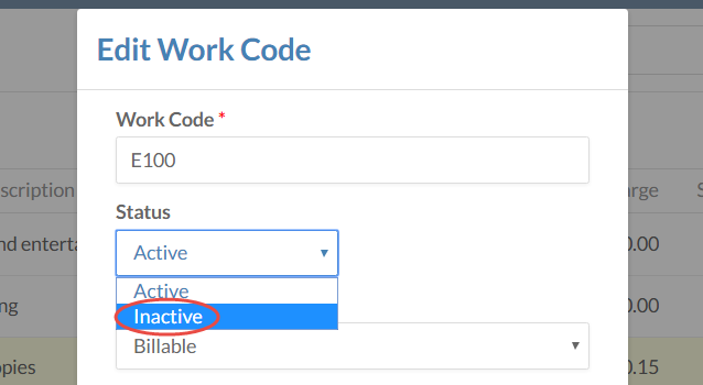 Status | Inactive in the Edit Work Code dialog