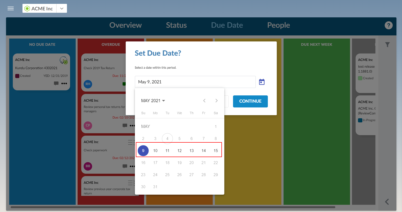 Relevant dates displayed in the Due Date calendar.