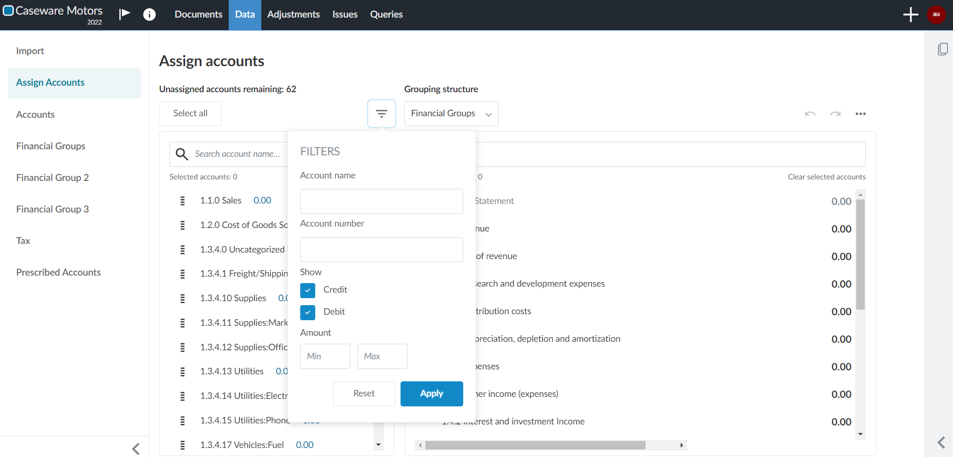 De pagina Accounts toewijzen met de popover Filters open.
