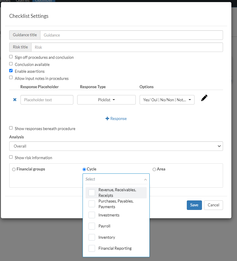 In het dialoogvenster Checklistinstellingen wordt het vervolgkeuzemenu voor Cyclus weergegeven.