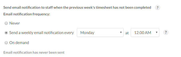 Email notification options set to "Send a weekly email notification every Monday at 12:00 AM 
