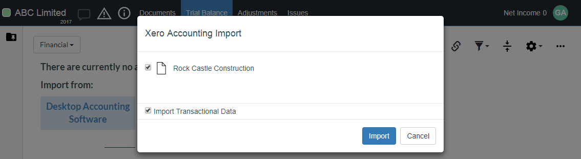 The Xero Accounting Import dialog with a client file chosen and the Import Transactional Data option selected.