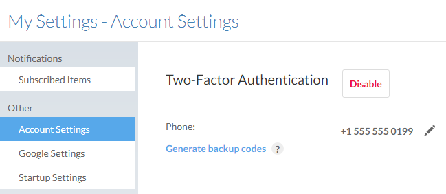 Option to generate backup codes after selecting Account Settings