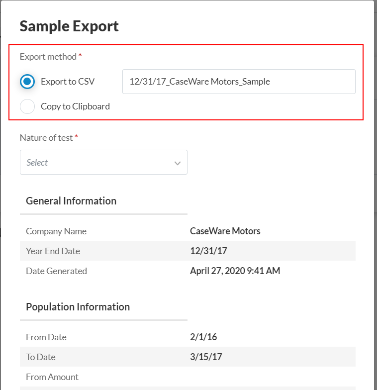 Select an export method in the Sample Export dialog. If you select Export to CSV, enter a name for the file.