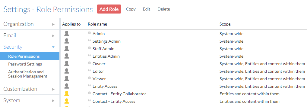 Security settings - Role permissions