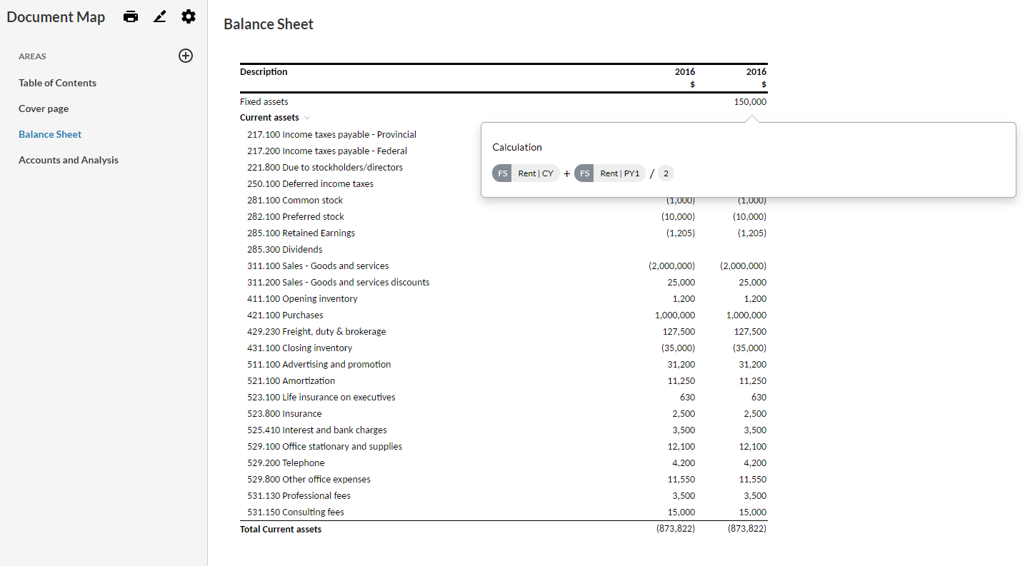 Account Details popup met de celberekening.