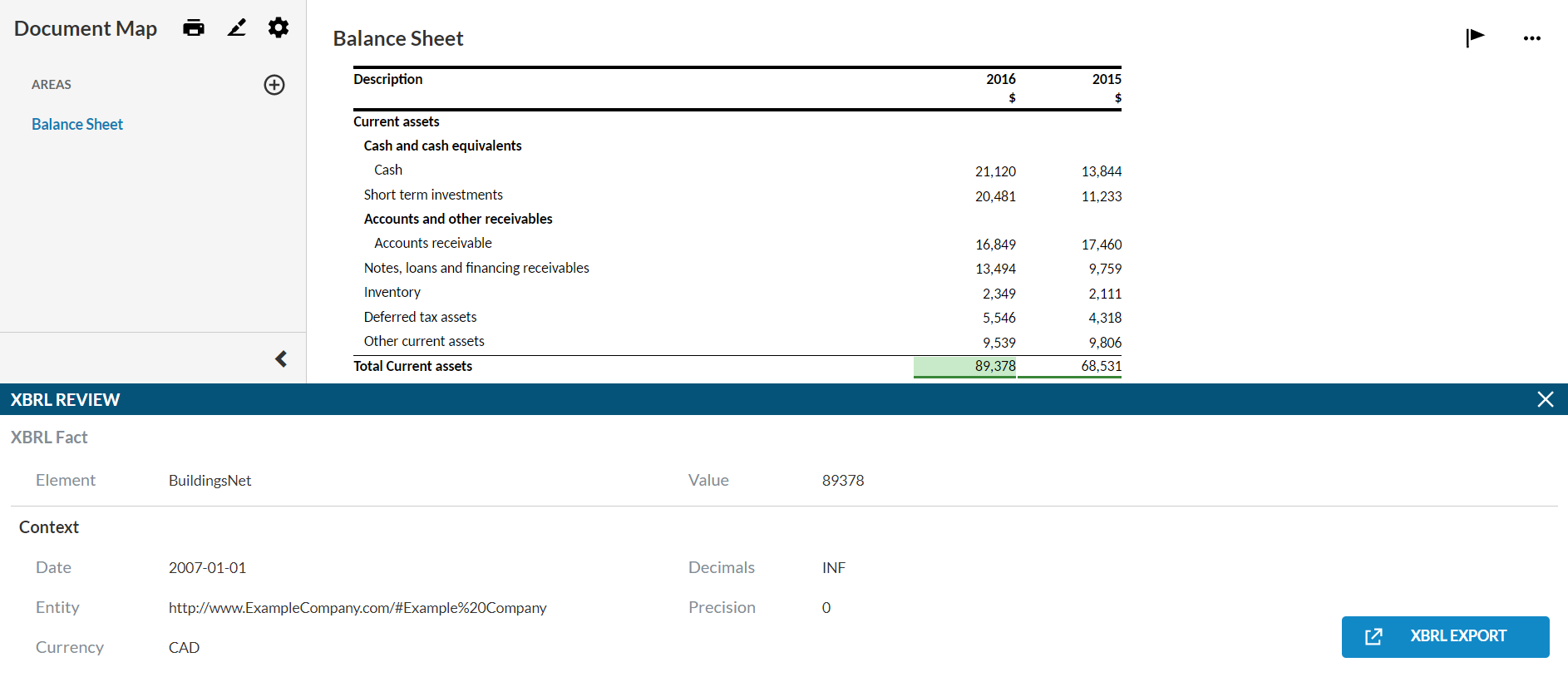 The XBRL REVIEW pane.