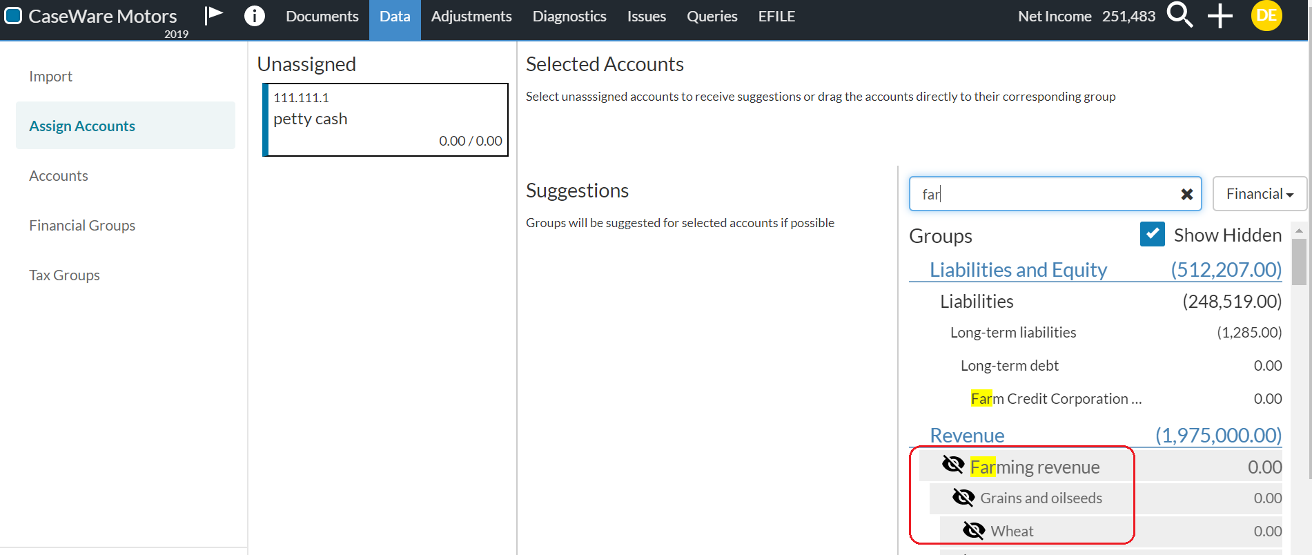 Irrelevante Gruppen werden verborgen. Beachten Sie das Symbol Unsichtbar.