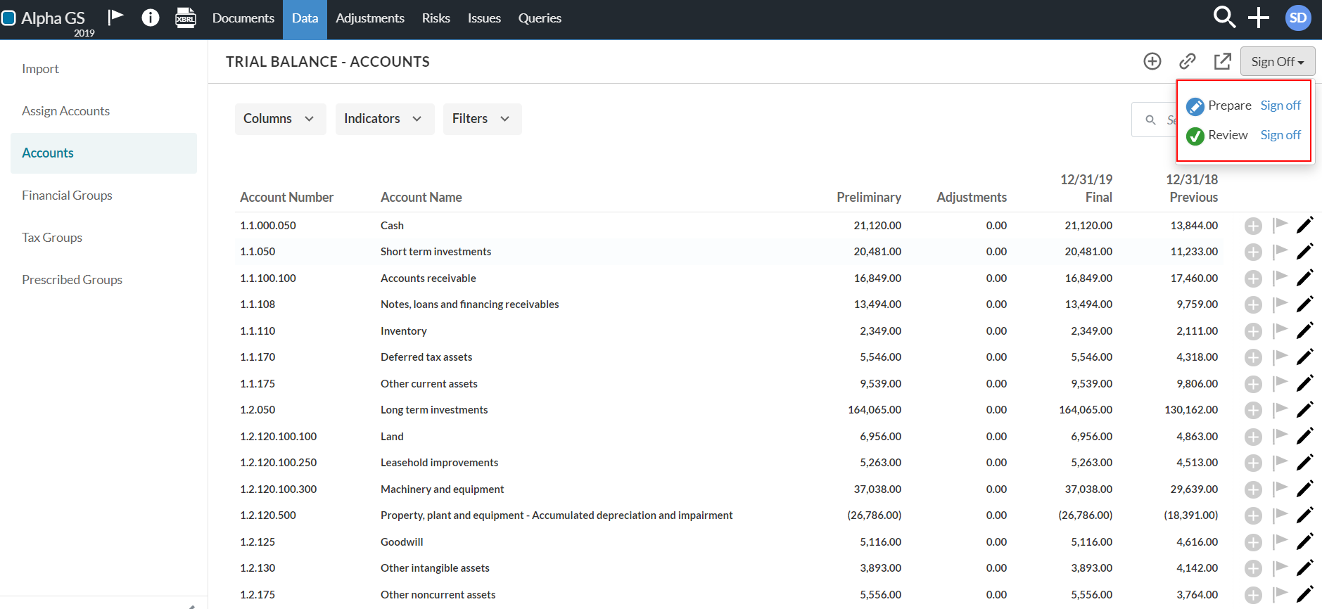 The Sign Off option in the Accounts tab of the Data page.