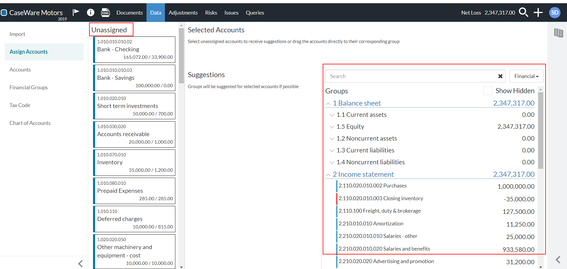 Bereich Nicht zugewiesen und Kontengruppen auf der Registerkarte Konten zuordnen.
