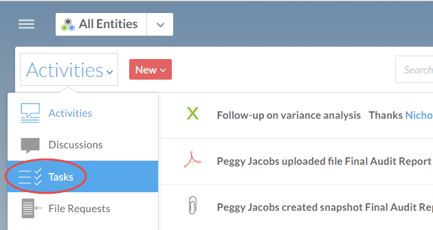 Select Tasks from the Activites drop-down menu
