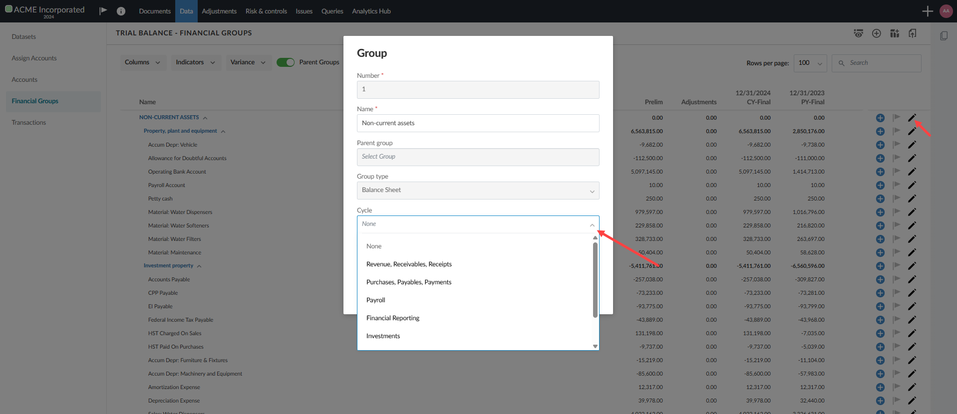 The user interface for selecting cycles for a financial group