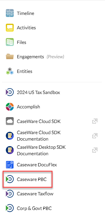 Cloud menu with the Caseware PBC option.