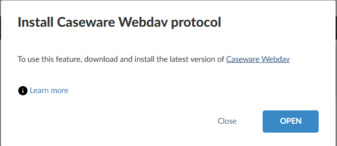 A user interface dialog box advising the user to install a custom protocal to use the feature to open and edit pdfs locally.