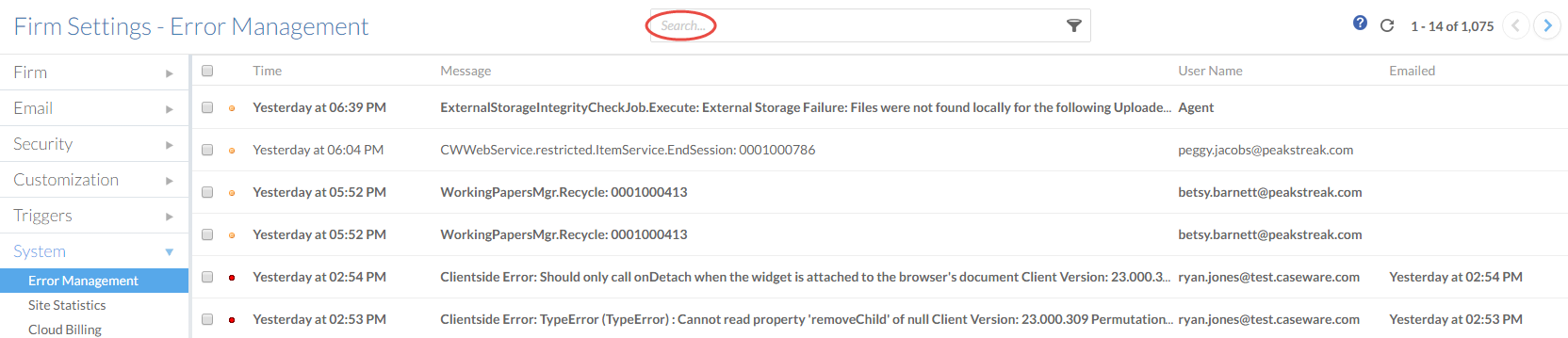 The search bar in the Error Management page
