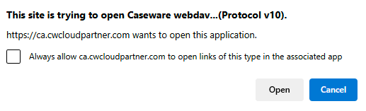 A Caseware WebDAV connection request dialog confirms that you are opening the PDF using the Caseware WebDAV protocol that was previously installed