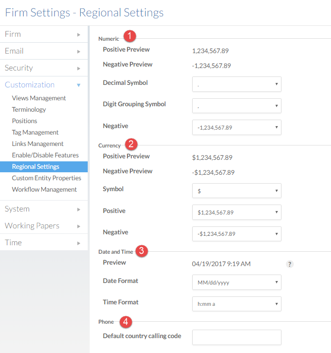 The Regional Settings section of the Settings page.
