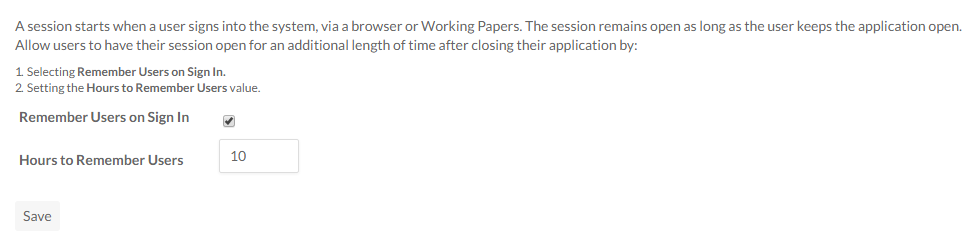 The options available in the Session Management section of the Settings page.