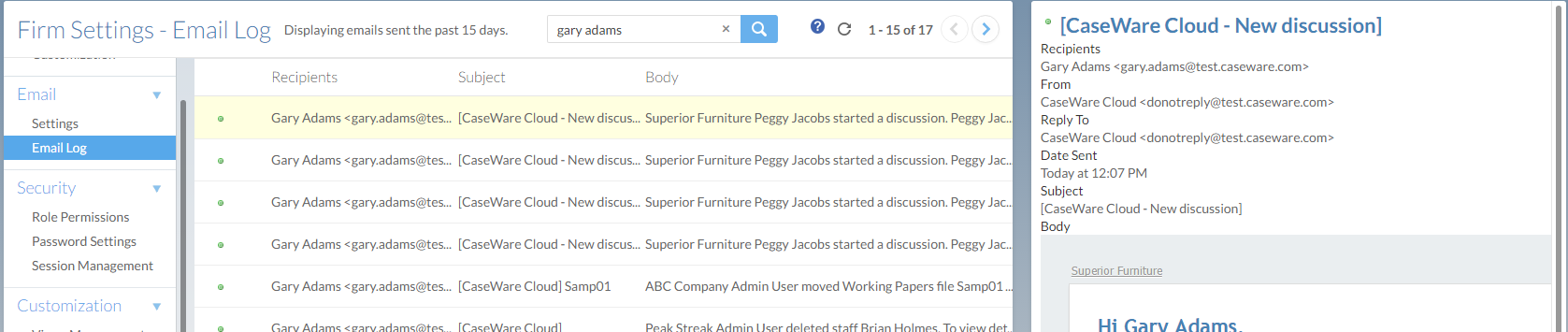 The Email Log section of the Settings page.