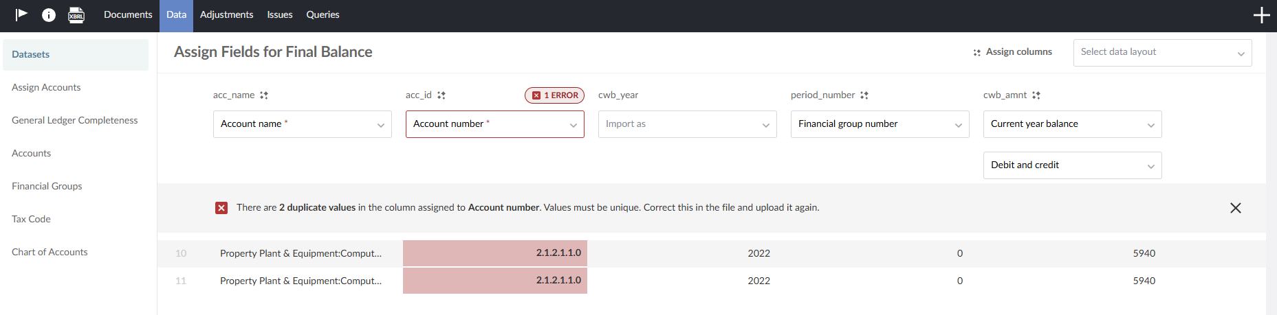 Duplicate values are highlighted.