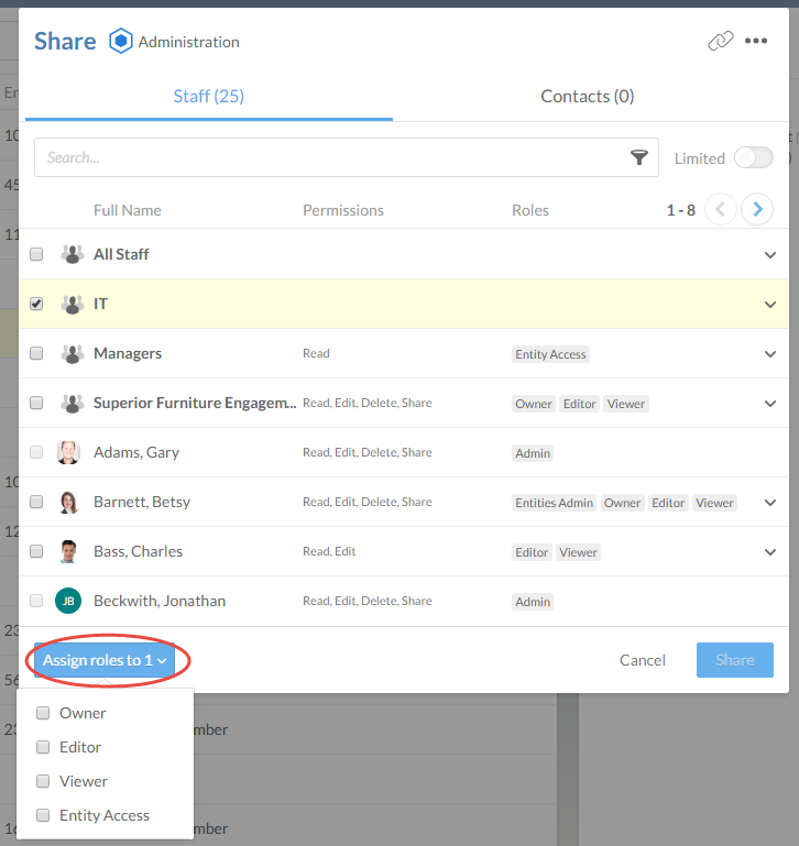 Assign roles on internal entities to control who has access to them