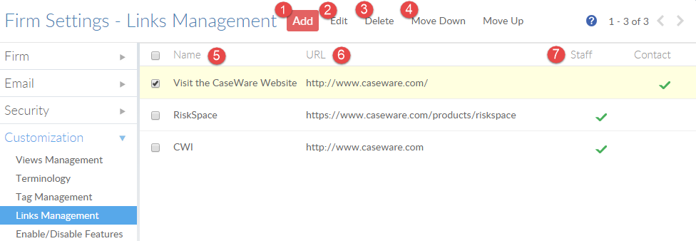 The Links Management interface.
