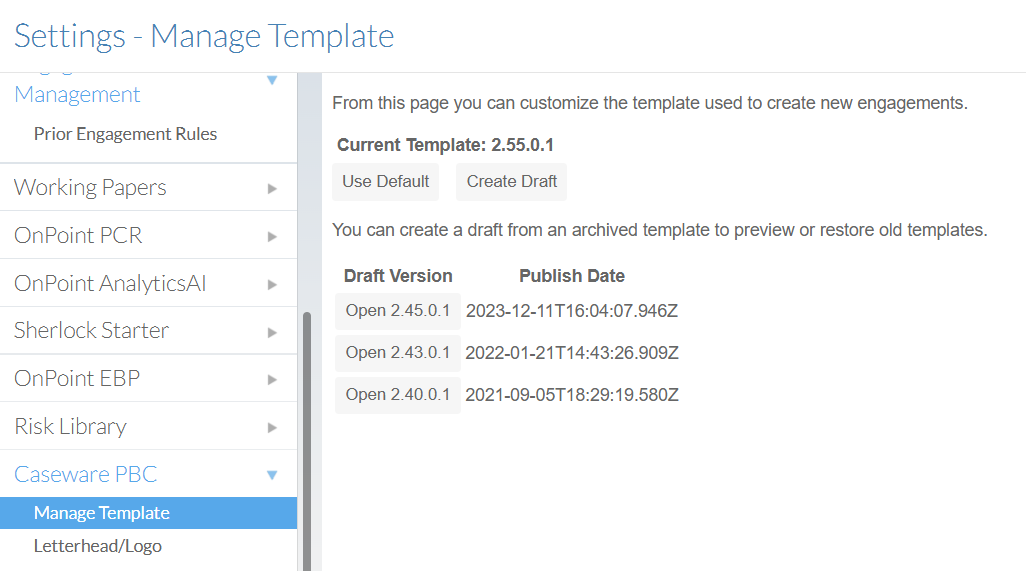 The user interface for template management for authors.