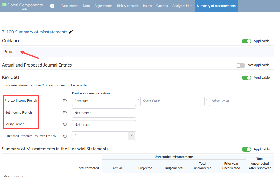 User interface of simulated French language used in the Summary of misstatements form