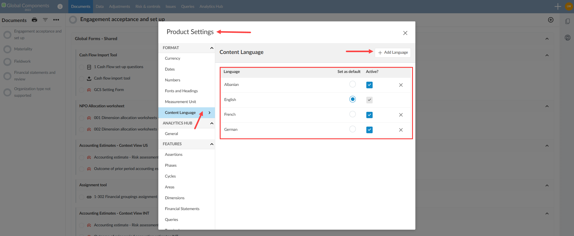 User interface for selecting languages from the Product Settings of a Caseware template.