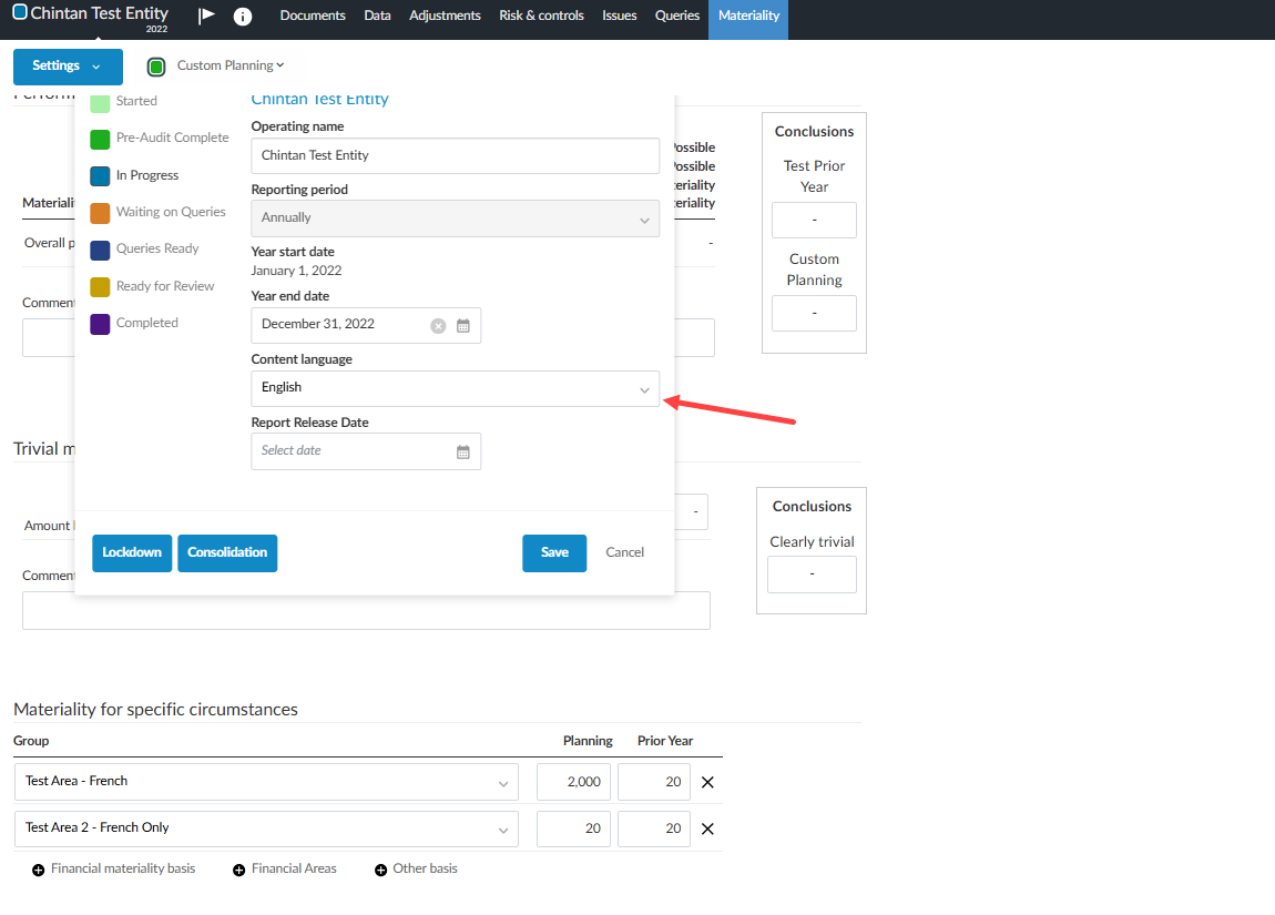 User interface for selecting the Content language type within the engagement from the top-left corner of screen