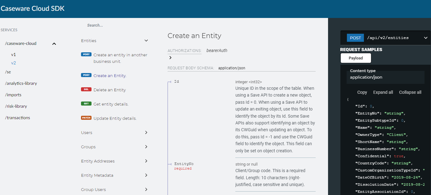 Viewing the response body schema in the POST Create operation for entities.