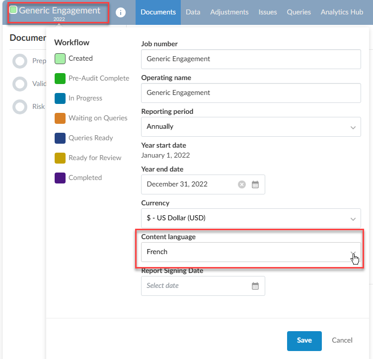 Selecting the content language in which to localize the custom analytic test.