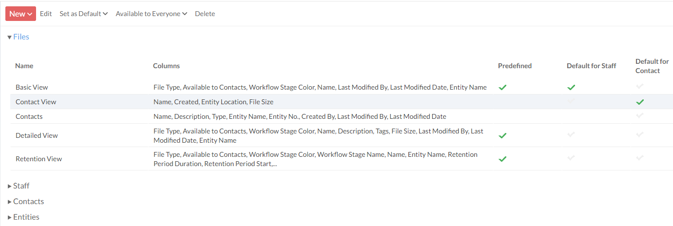 The Views Management section of the Settings page.