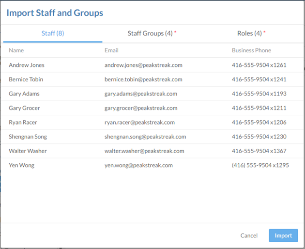 The Import Staff and Groups dialog for Working Papers security settings.