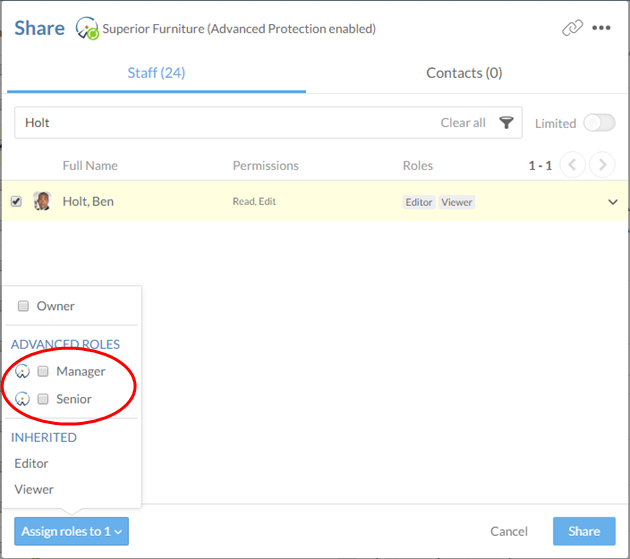 Select one of the advanced roles to grant these Working Papers permissions to the selected user.