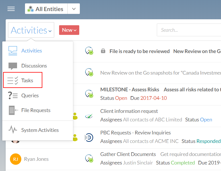 Choose Tasks from the Activities drop-down.