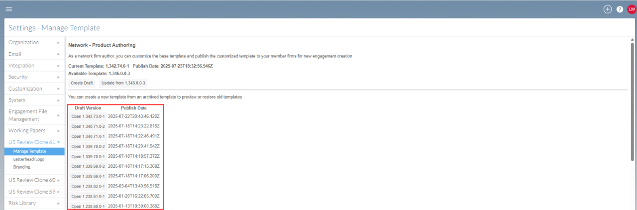 the user interface for accessing the archived template list in the Manage Template settings.