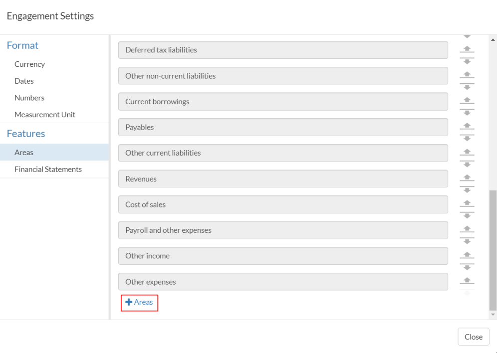 The Areas tab in the Engagement Settings.