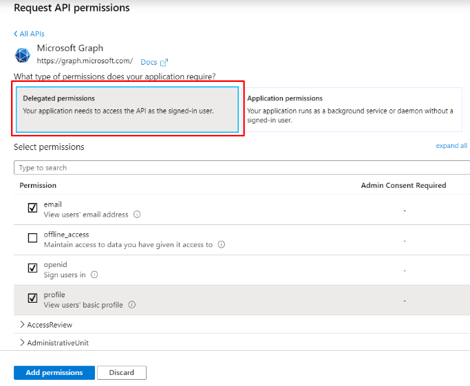 Select Delegated permissions