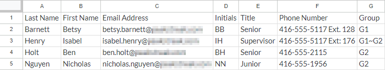 CSV table of user information