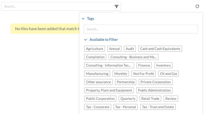 Tags displayed in the Filter drop-down menu.
